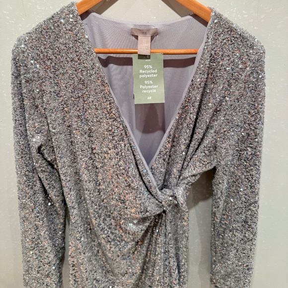 H&M silver sequins wrap dress, size M - Picture 3 of 16